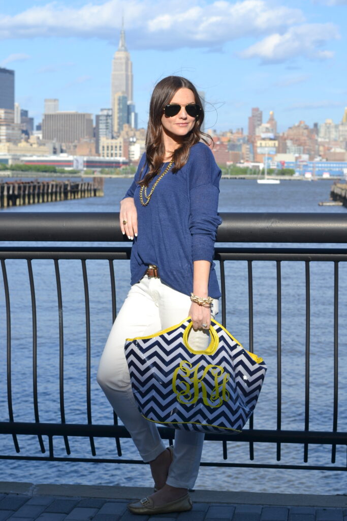 navy sweater + white denim