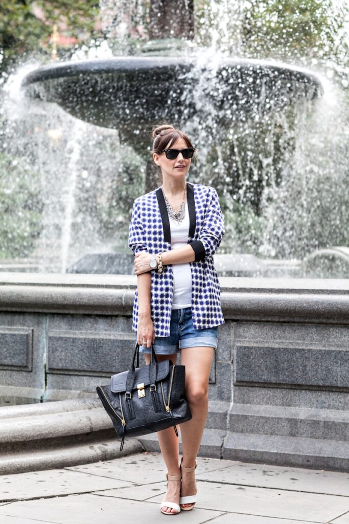 printed blazer + denim shorts