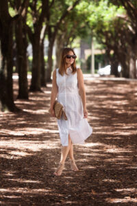 Caroline Knapp of HOUSE of HARPER stays cool in a white house black market eyelet dress.