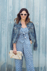 how to wear Anthropologie's blue polka dot and bow jumpsuit