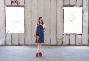 how to style a denim overall dress by Madewell