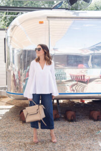bell sleeve blouse with cut off denim