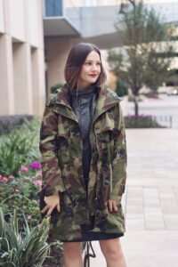 Caroline styles a pleather dress with camouflage print jacket for fall