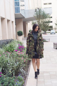 Caroline styles a pleather dress with camouflage print jacket for fall