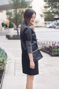 Caroline styles a pleather dress with camouflage print jacket for fall