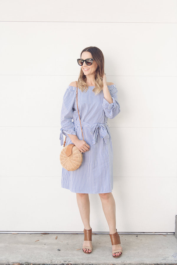 BLUE AND WHITE OFF THE SHOULDER DRESS - HOUSE of HARPER HOUSE of HARPER