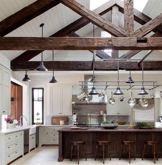 Country Style Kitchen with Pot Rack - Country - Kitchen